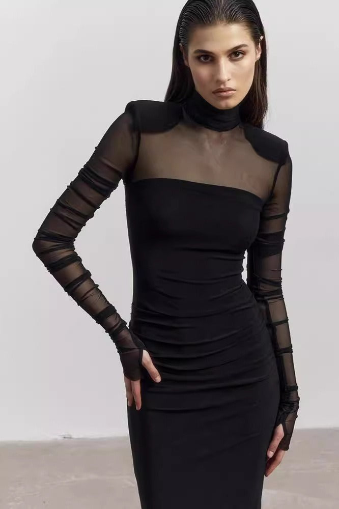 Mesh High Neck Long Sleeve Ruched Bodycon Midi Dress