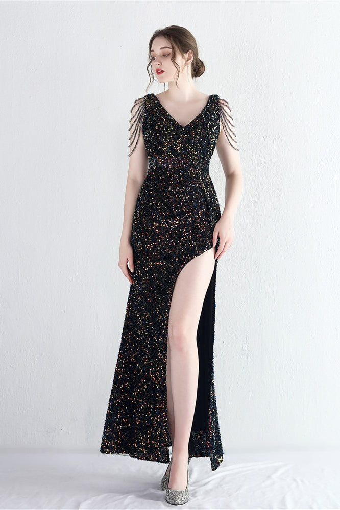 Sequin V-Neck Beaded Fringe High Split Mermaid Gown