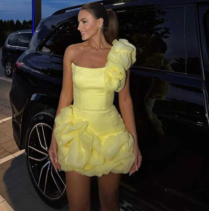 One Shoulder Rosette Ruffle Hem Corset Bodice Mini Party Dress