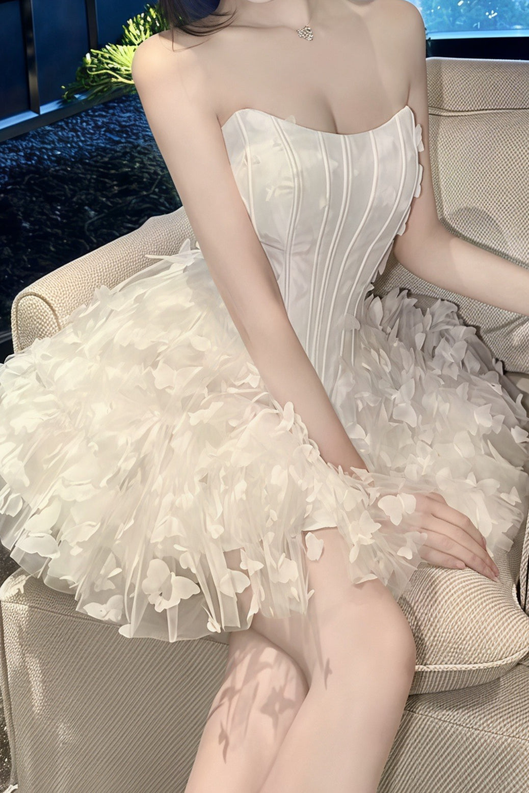 Strapless Corset Butterfly Appliqué Tulle Ruffle Mini Dress