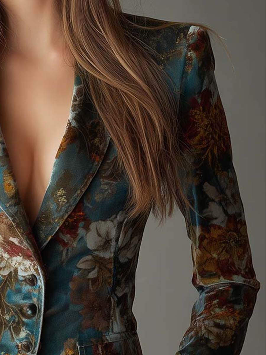 Floral Print Velvet Peak Lapel Blazer