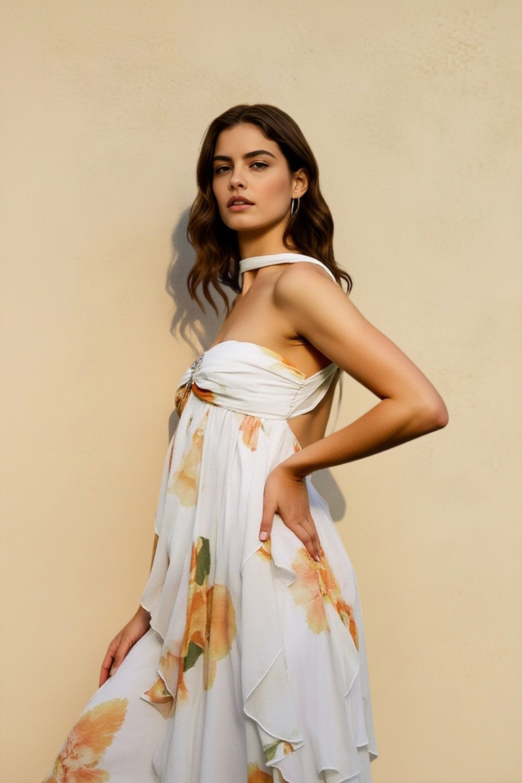 Backless Halter-Neck Lace Floral Dress