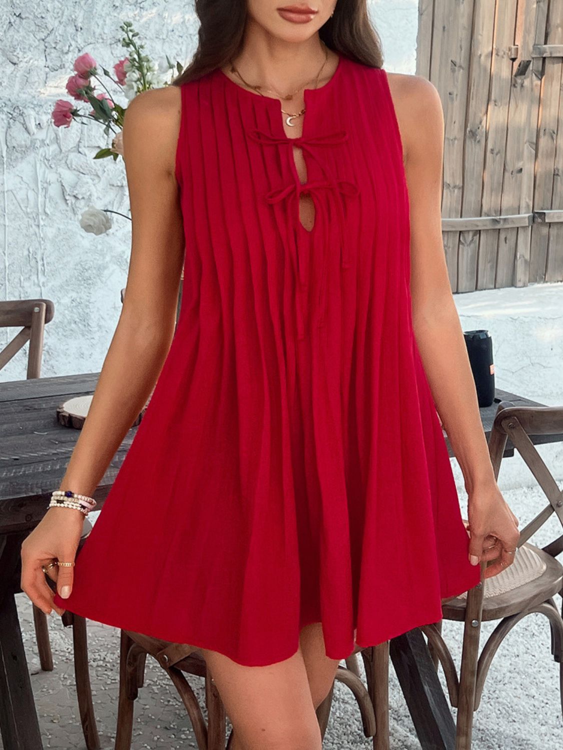 Pintuck Pleated Tie Front Keyhole Sleeveless Shift Mini Dress 15