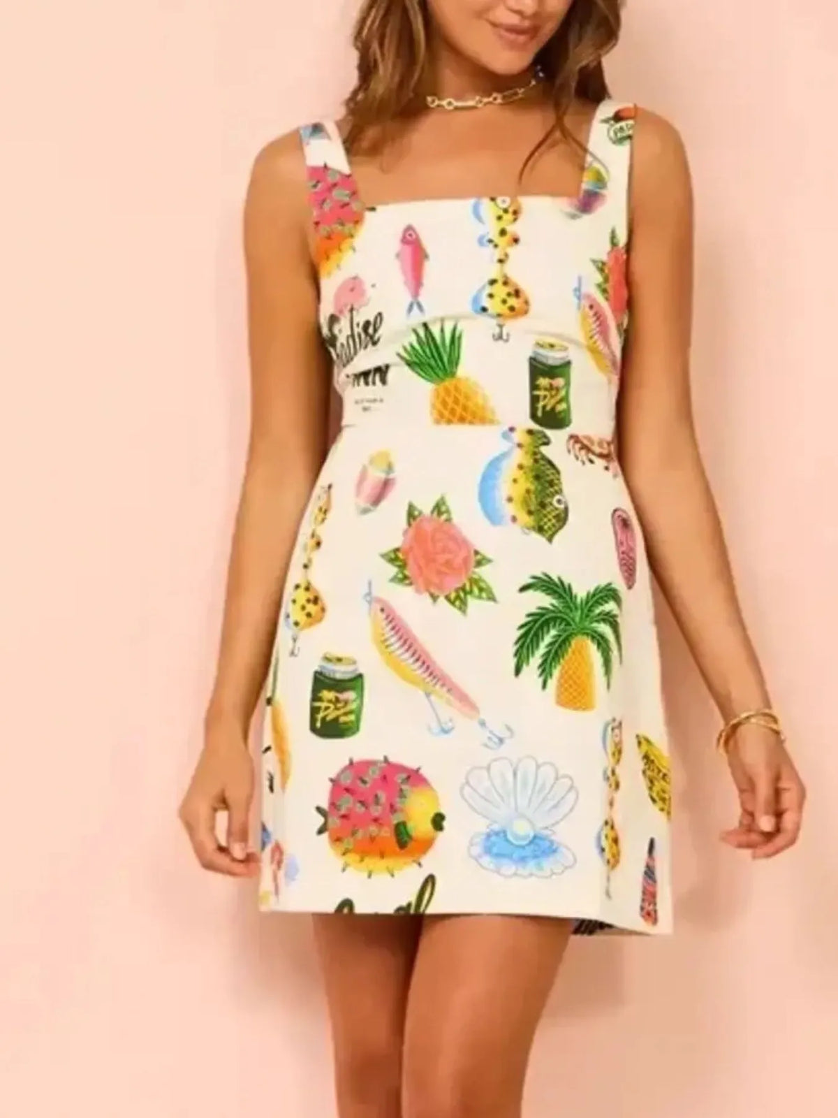 Tropical Novelty Print Square Neck Wide Strap A-Line Mini Dress 6