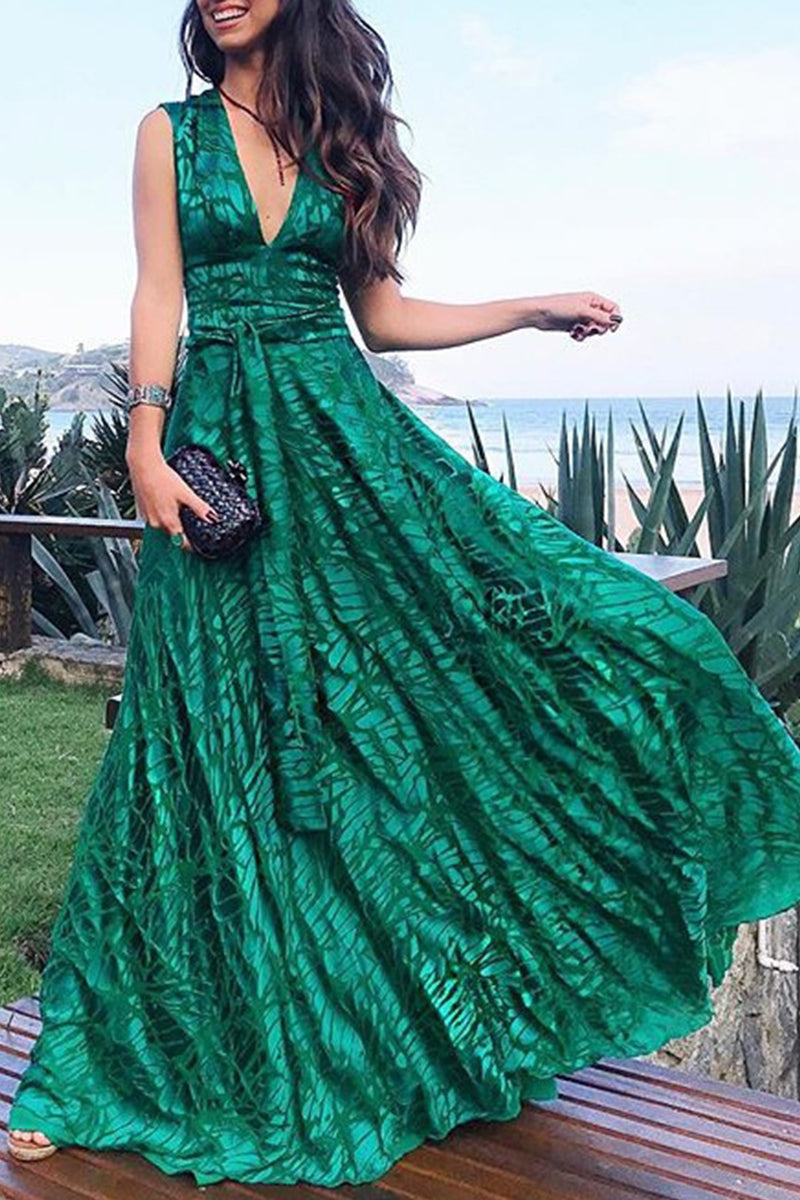 Abstract Print Deep V-Neck Tie Waist Flowy Full Skirt Sleeveless Maxi Gown