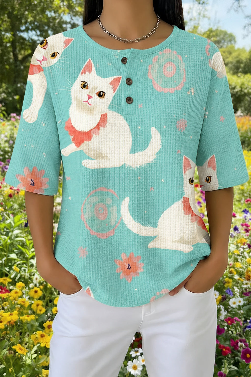 Womens Teal Cartoon Cat Fishbone Print Casual Shirt