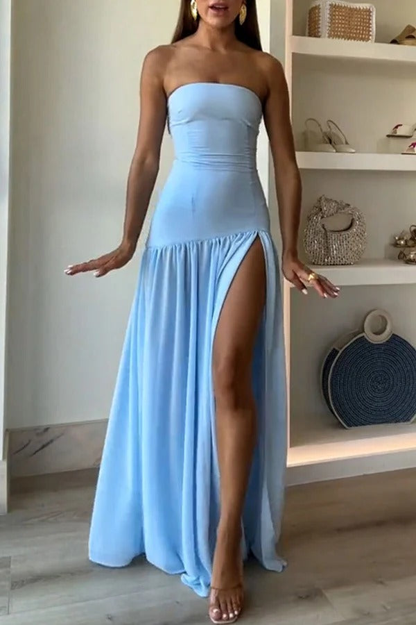 Strapless Drop Waist Gathered Skirt High Split Maxi Dress 2