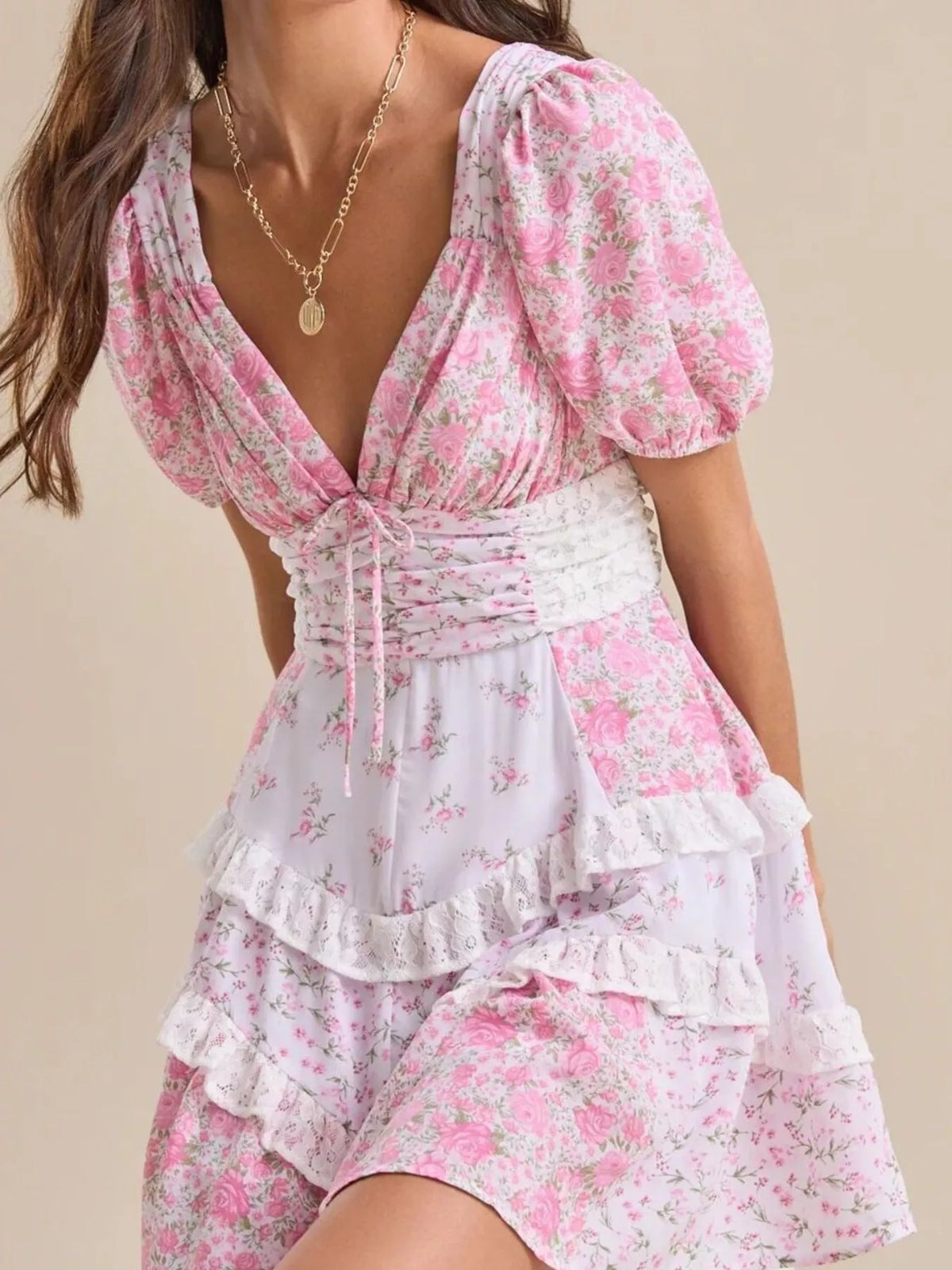 Floral Print Lace Trim Sweetheart Puff Sleeve Tiered Mini Dress 17