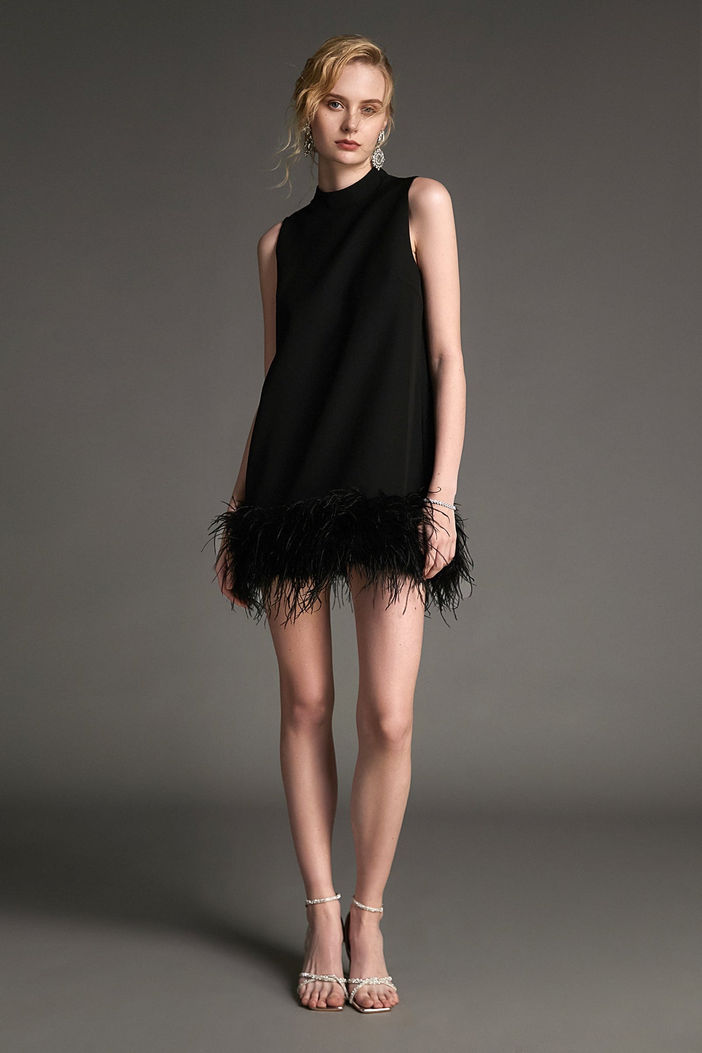 Black Sleeveless Mock Neck Feather-Trimmed Mini Dress - View 5
