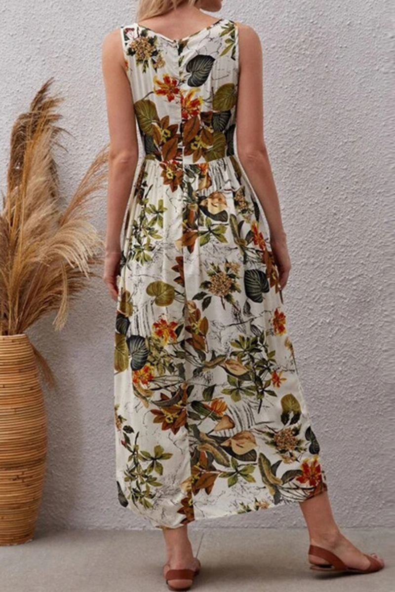 Floral Botanical Print Round Neck Sleeveless Empire Waist A-Line Midi Dress