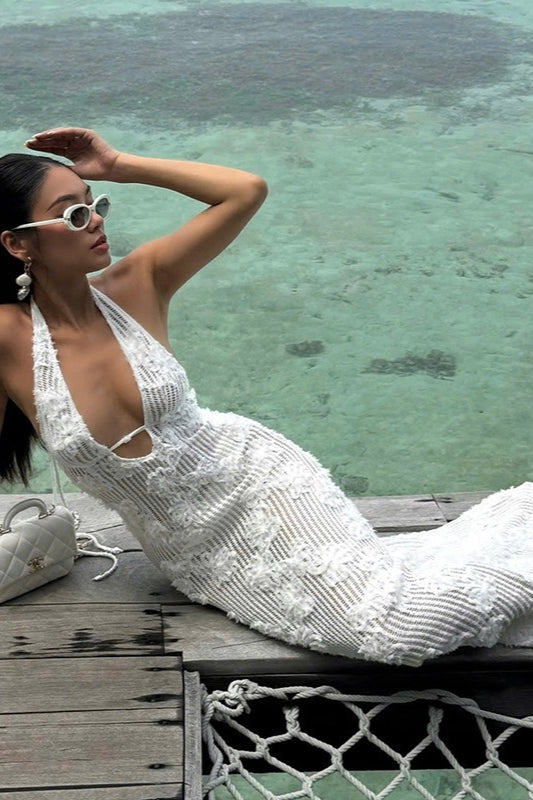 Sequin Halter Neck Deep V-Neck Keyhole Backless Maxi Dress