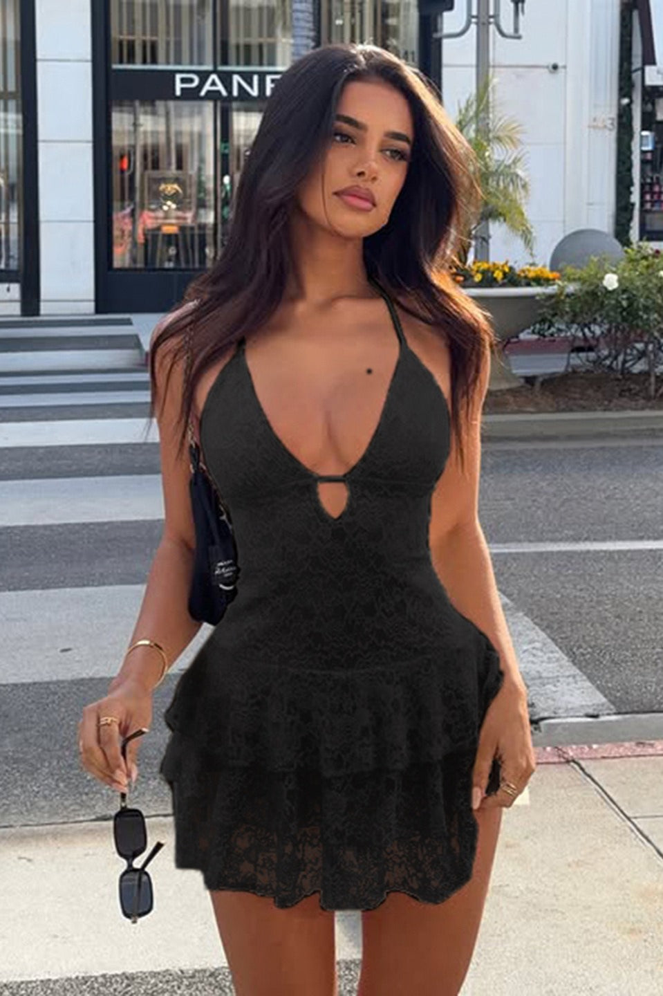 Lace Halter Neck Deep V-Neck Tiered Ruffle Mini Dress