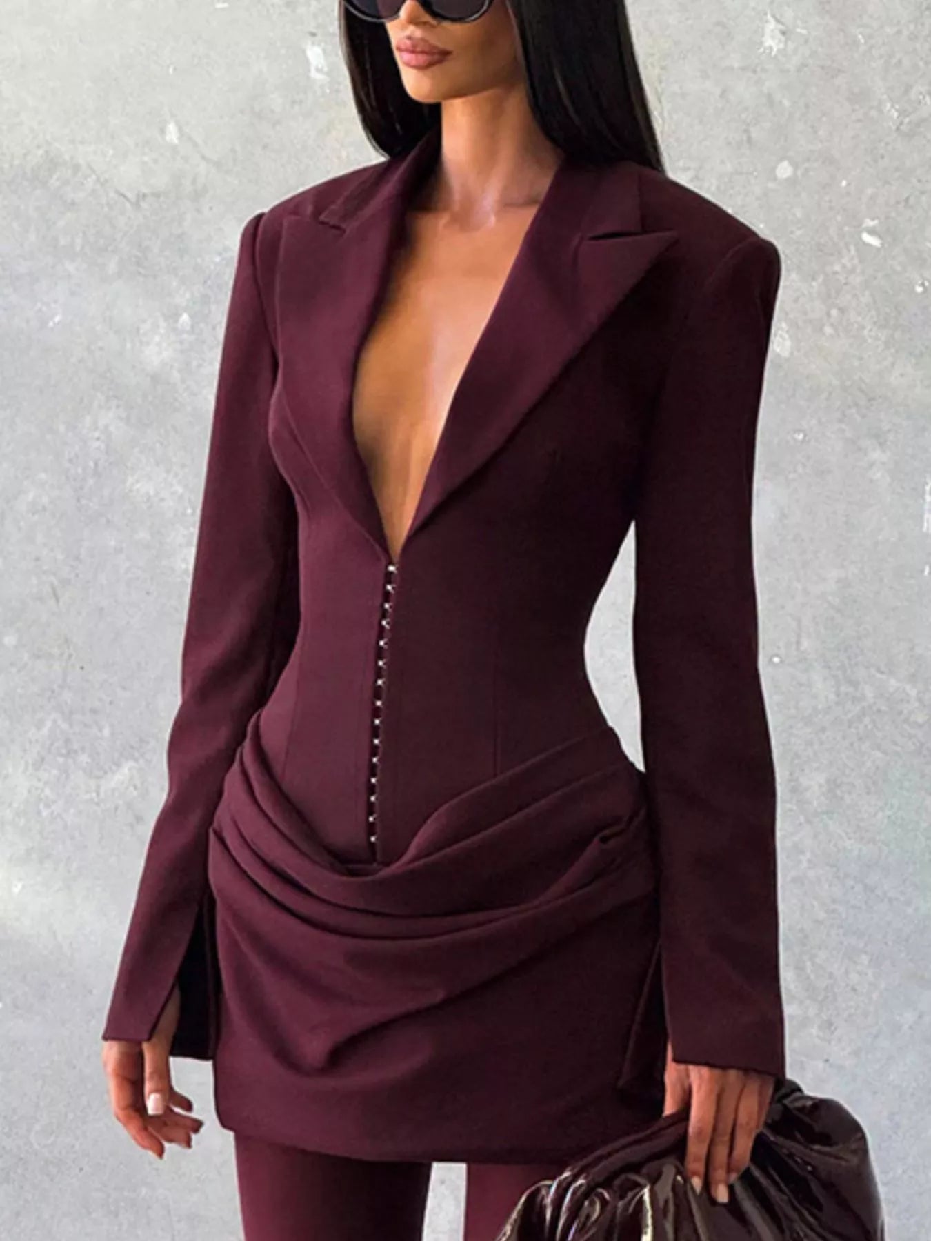Full Size Blazer-Style Long Sleeve Mini Dress Plus Size Burgundy
