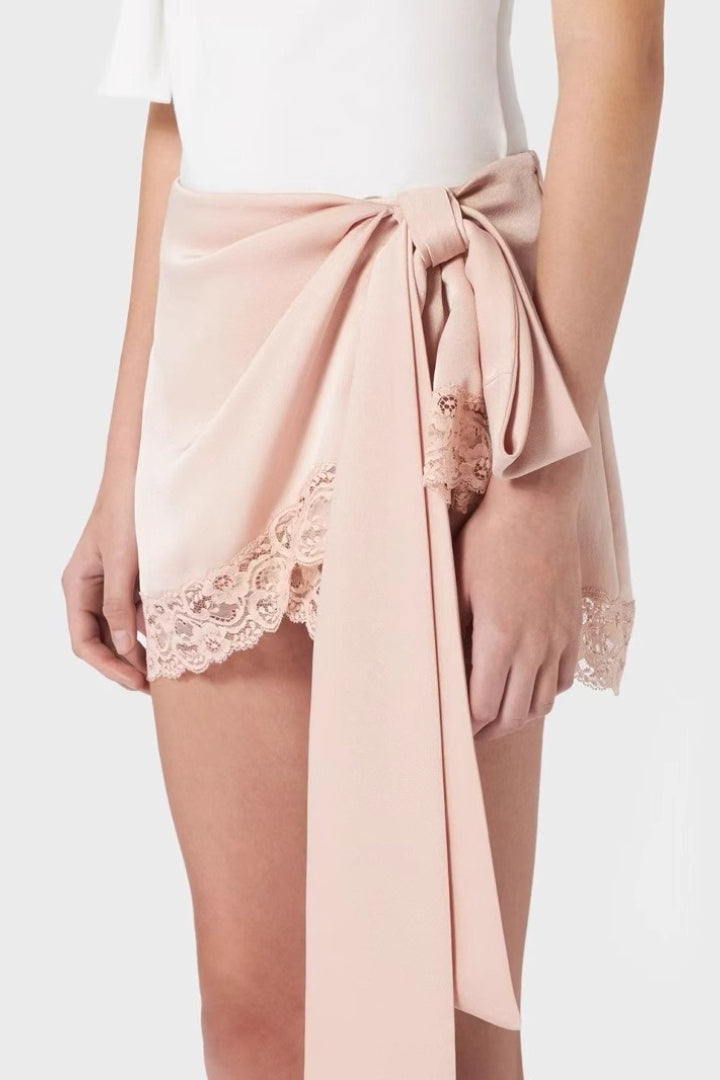 Satin Lace Bow Asymmetric Skirt