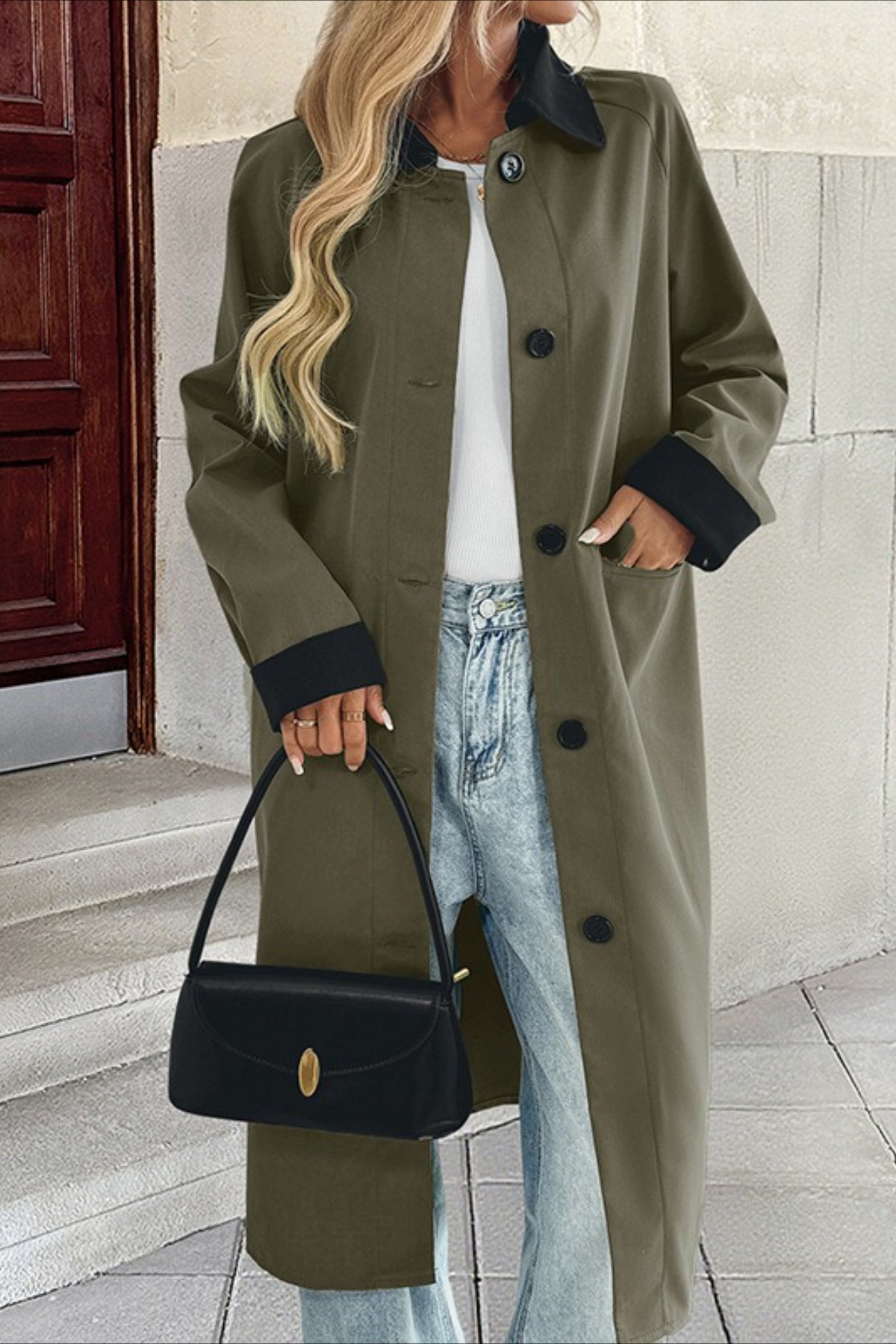 Contrast Collar and Cuff Single Breasted Flap Pocket Longline Coat 4