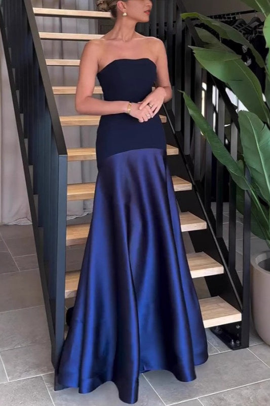 Strapless Satin Paneled A-Line Gown