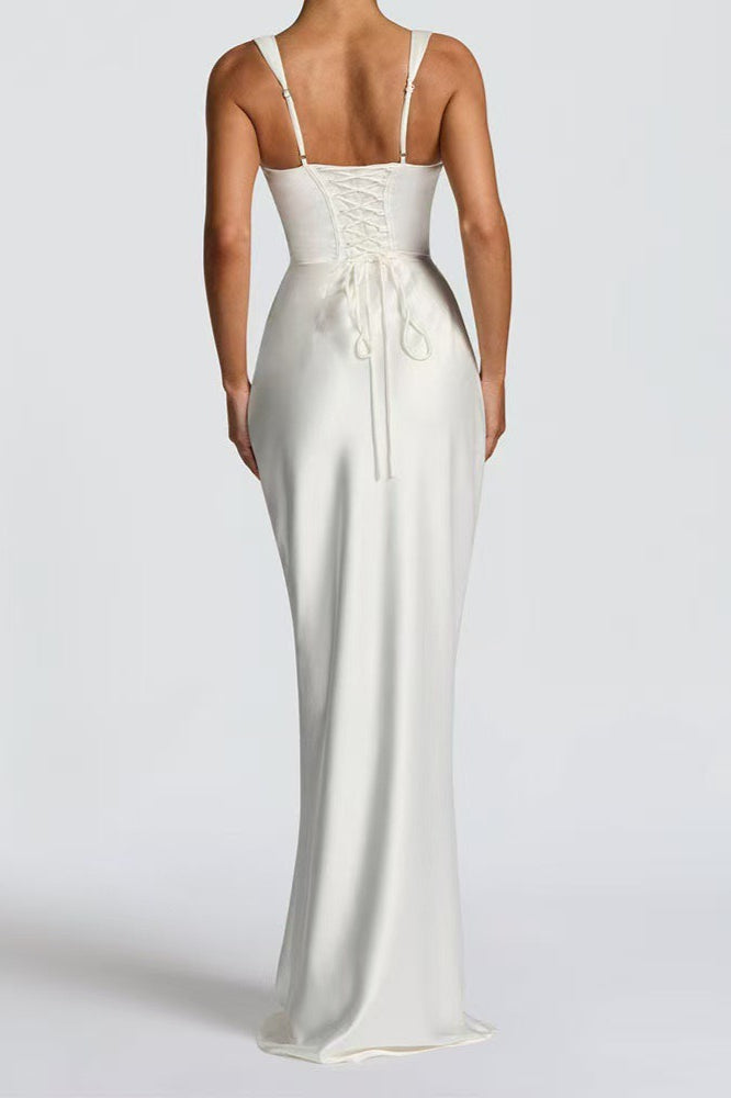 Satin Square Neck Ruched Slim Fit Maxi Prom Dress