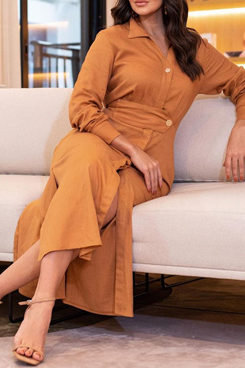 Collared Button Front Waistband High Split Long Sleeve Linen Maxi Dress
