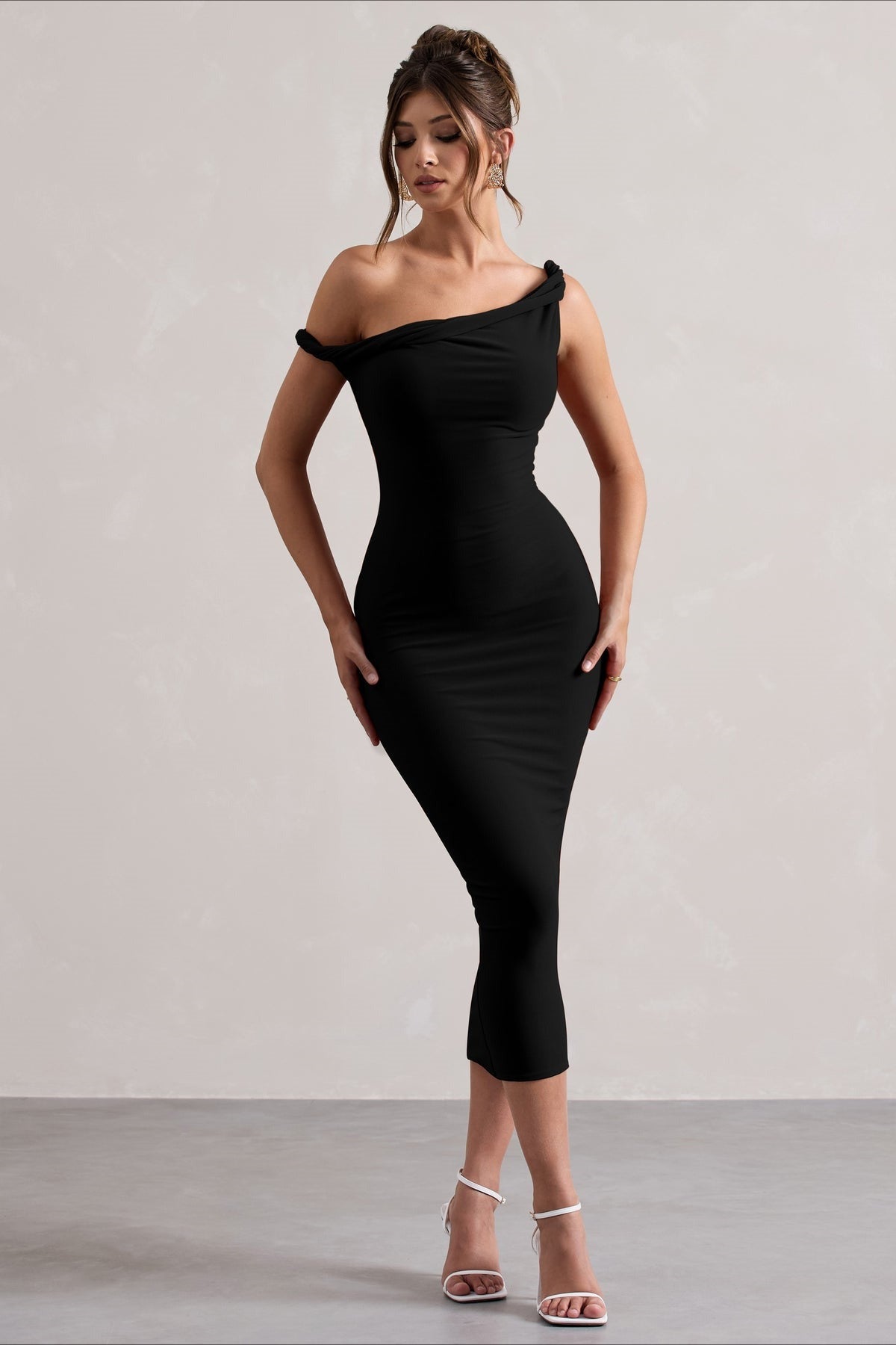 One Shoulder Twist Strap Bodycon Midi Party Dress