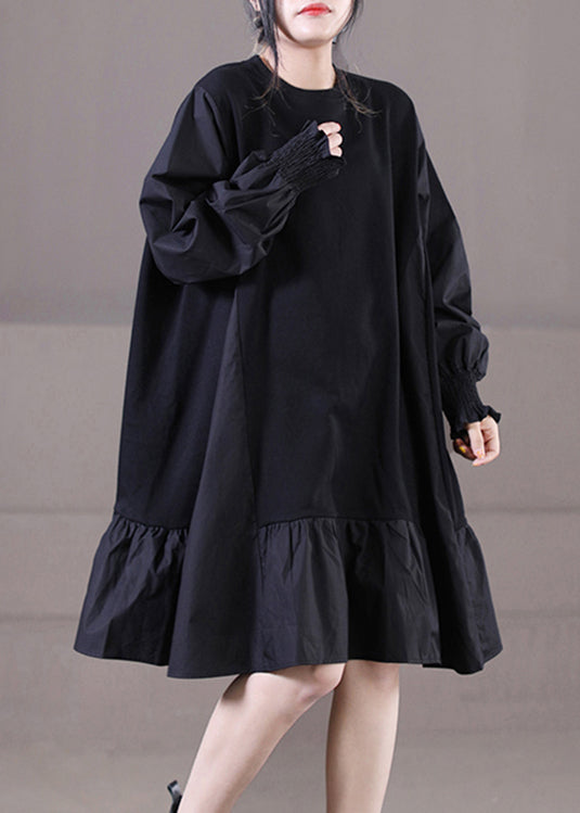 Knit Panel Round Neck Balloon Sleeve Smocked Cuff Ruffle Hem Mini Dress