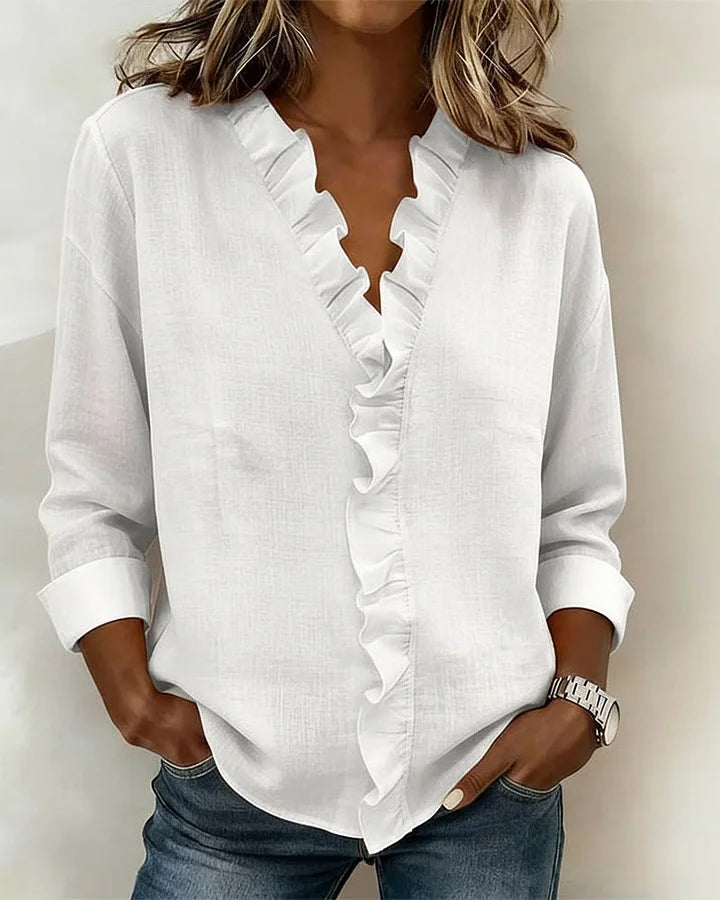 Ruffle Placket V-Neck Long Sleeve Blouse