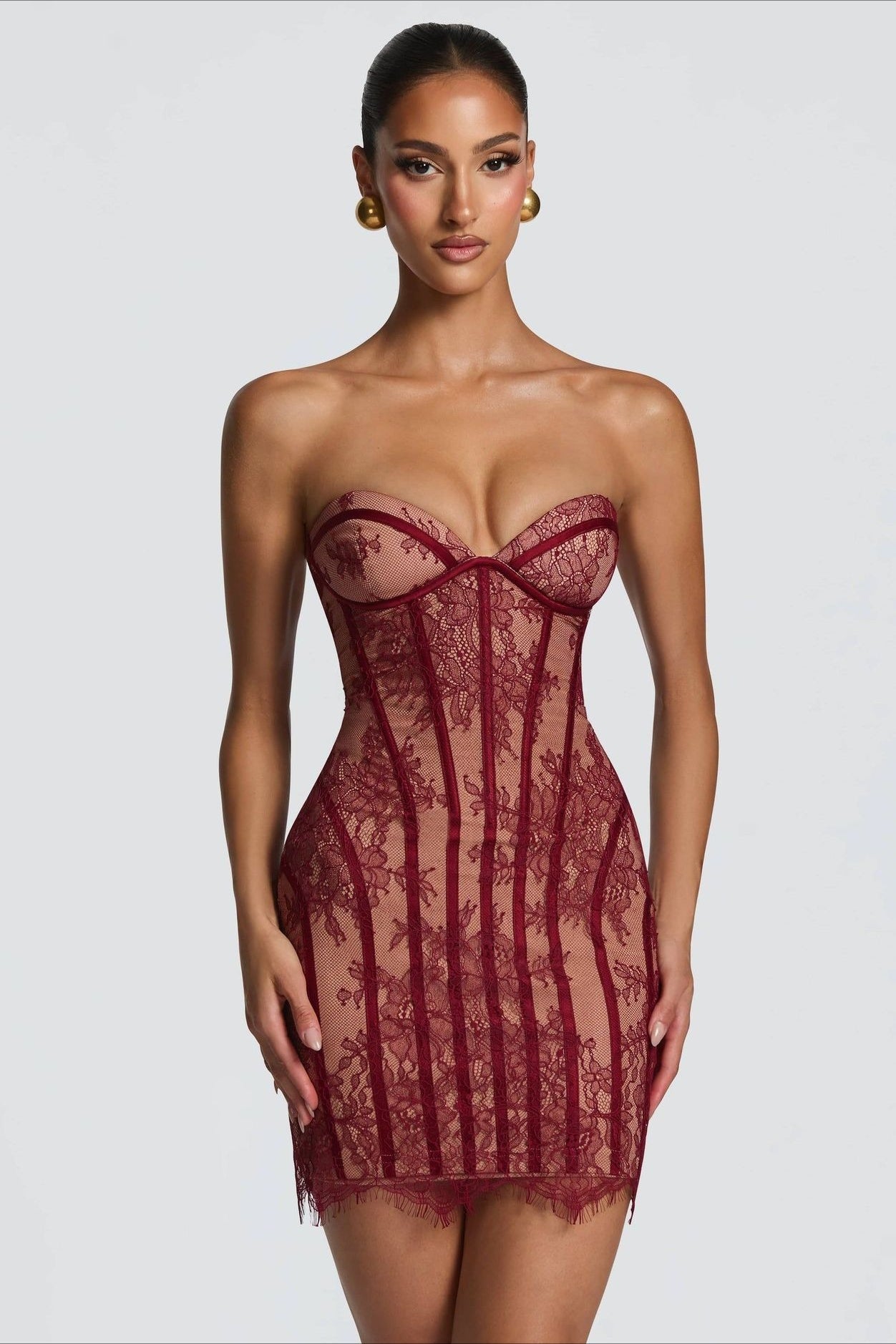 Lace Strapless Striped High Waist Slim Lace Dress