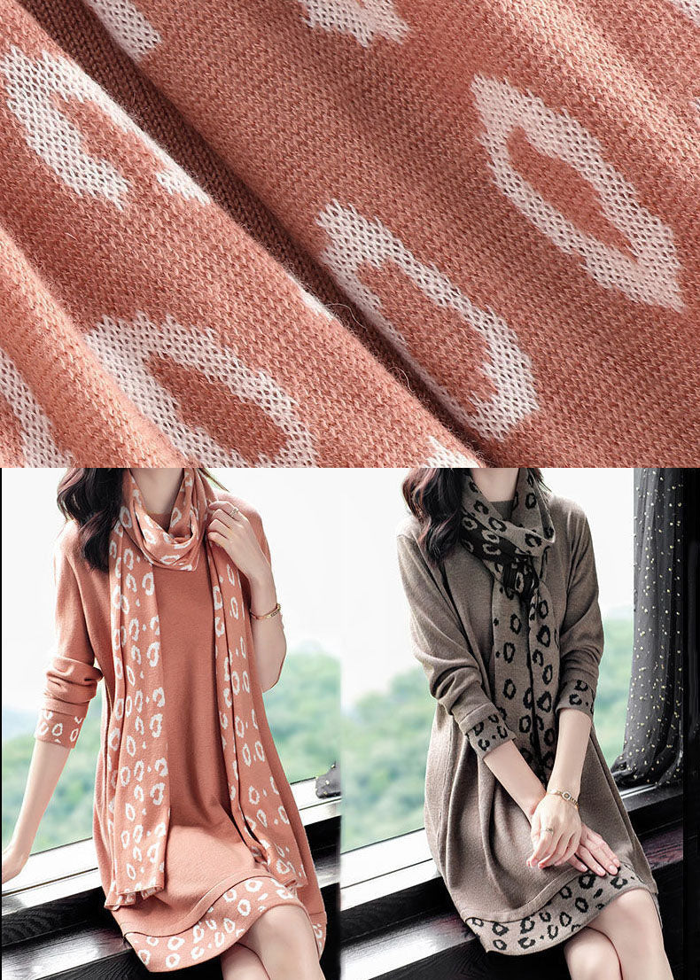 Animal Print Cuff Hem Long Sleeve Knit Dress Scarf Set