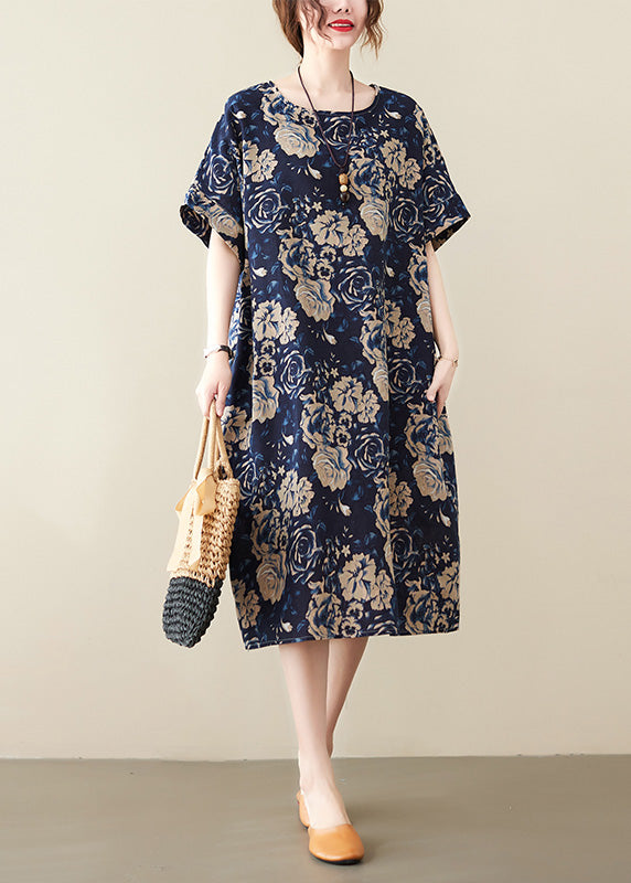 Floral Rose Print Oversized Drop Shoulder Short Sleeve Pocket Midi Shift Dress