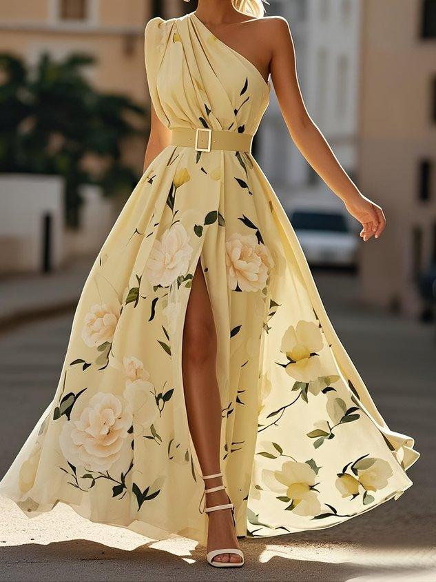 Light Green Floral Ruched One Shoulder A-Line Maxi Chiffon Dress Yellow