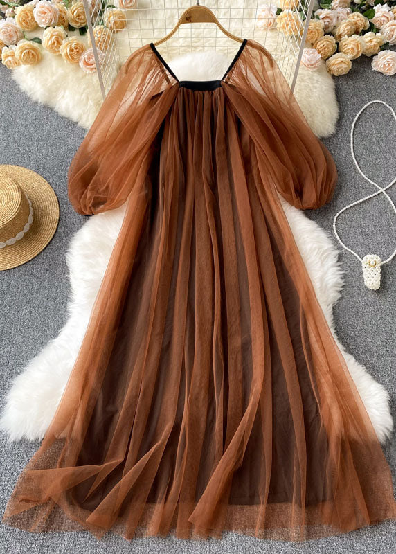 Mesh Square Neck Puff Sleeve Pleated Tulle Overlay Spaghetti Strap Maxi Dress