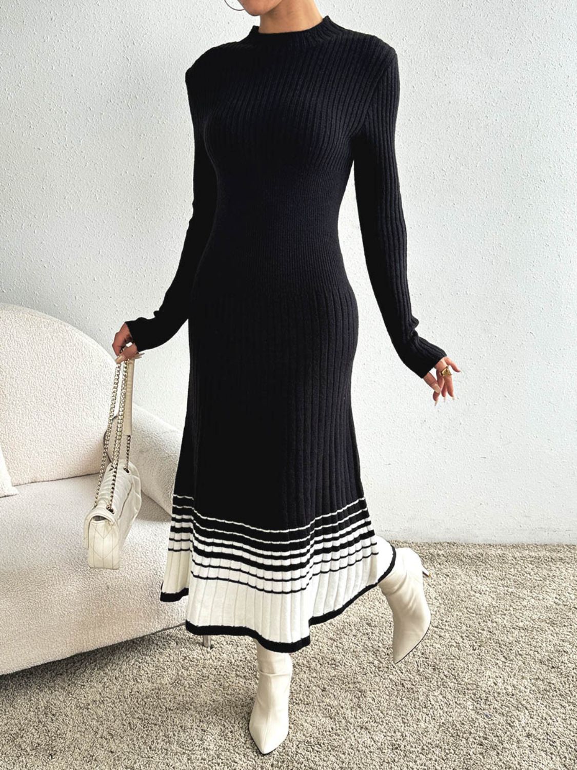 Cristina Contrasting Colored Sweater Relaxed Dress with Premium Casual Styling