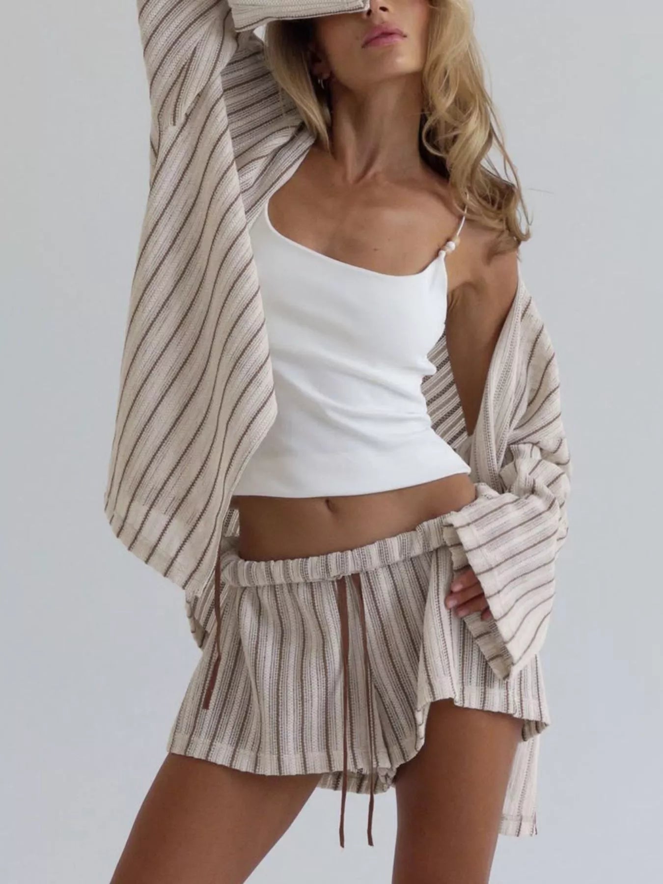 Striped Tie Front Top and Shorts Lounge Set