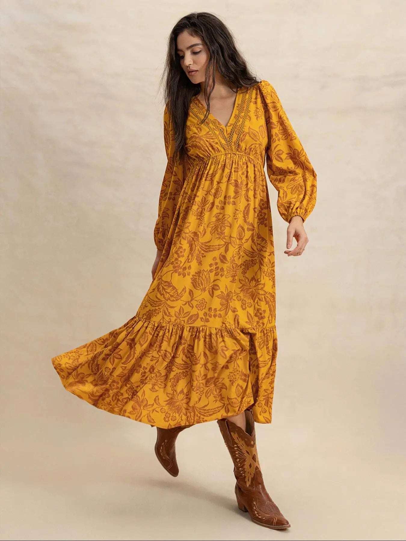 Floral Bishop Sleeve Lace Trim Tiered Midi Dress