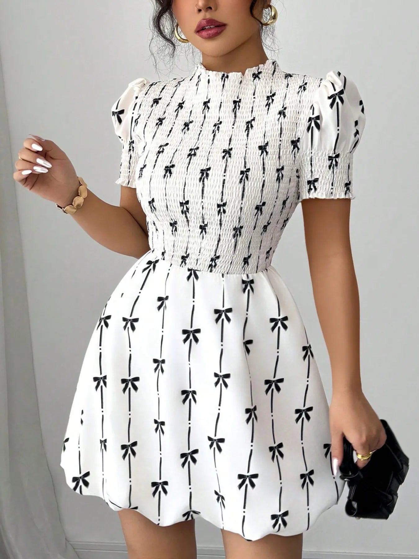 Bow Print Smocked Mock Neck Puff Sleeve Bubble Hem Mini Dress 3