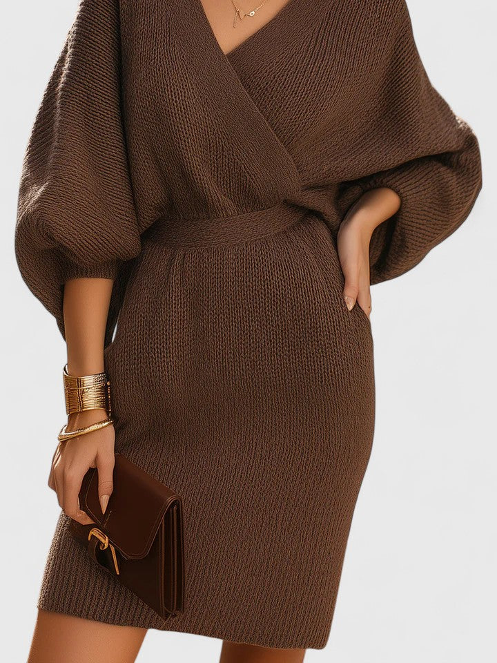 V-Neck Batwing Sleeve Wrap Knit Sweater Mini Dress