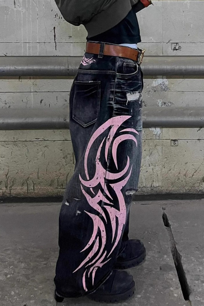 Vintage Washed Distressed Wide-Leg Denim Jeans