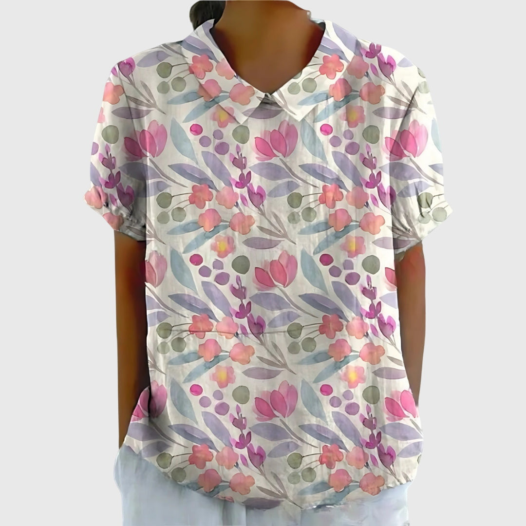 Floral Print Notch Neck Short Sleeve Linen Blouse 9