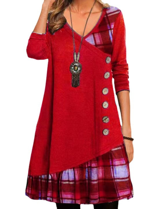 Plaid Patchwork V-Neck Long Sleeve Button Front Tunic Dress 2