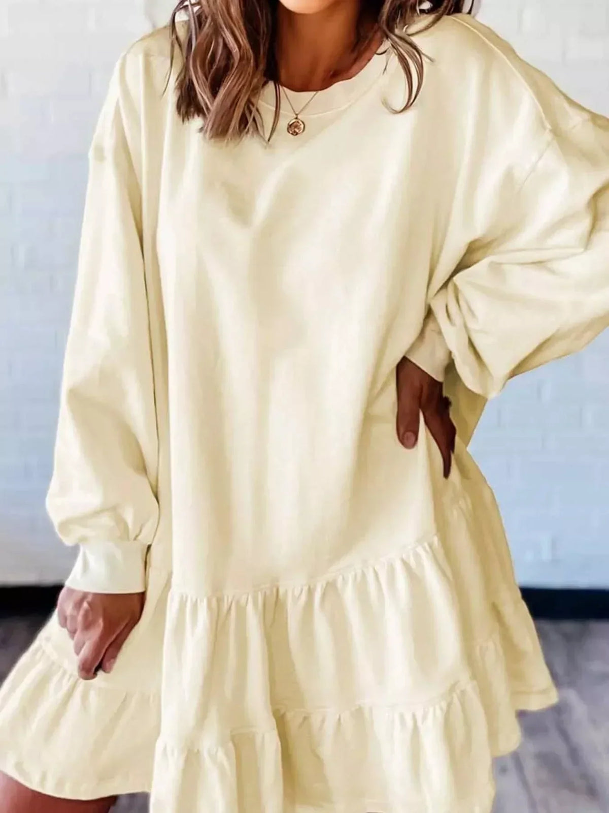 Crew Neck Long Sleeve Tiered Ruffle Hem Sweatshirt Mini Dress 2