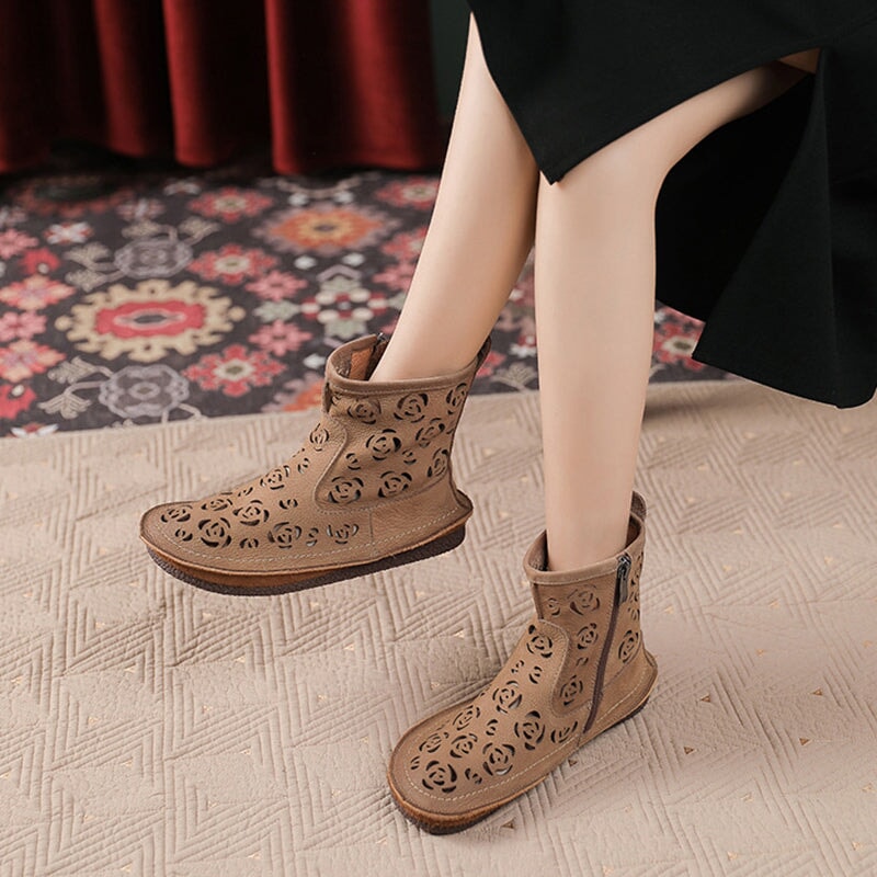 Cut Out Summer Boots Breathable Short Boots in Khaki/Coffee