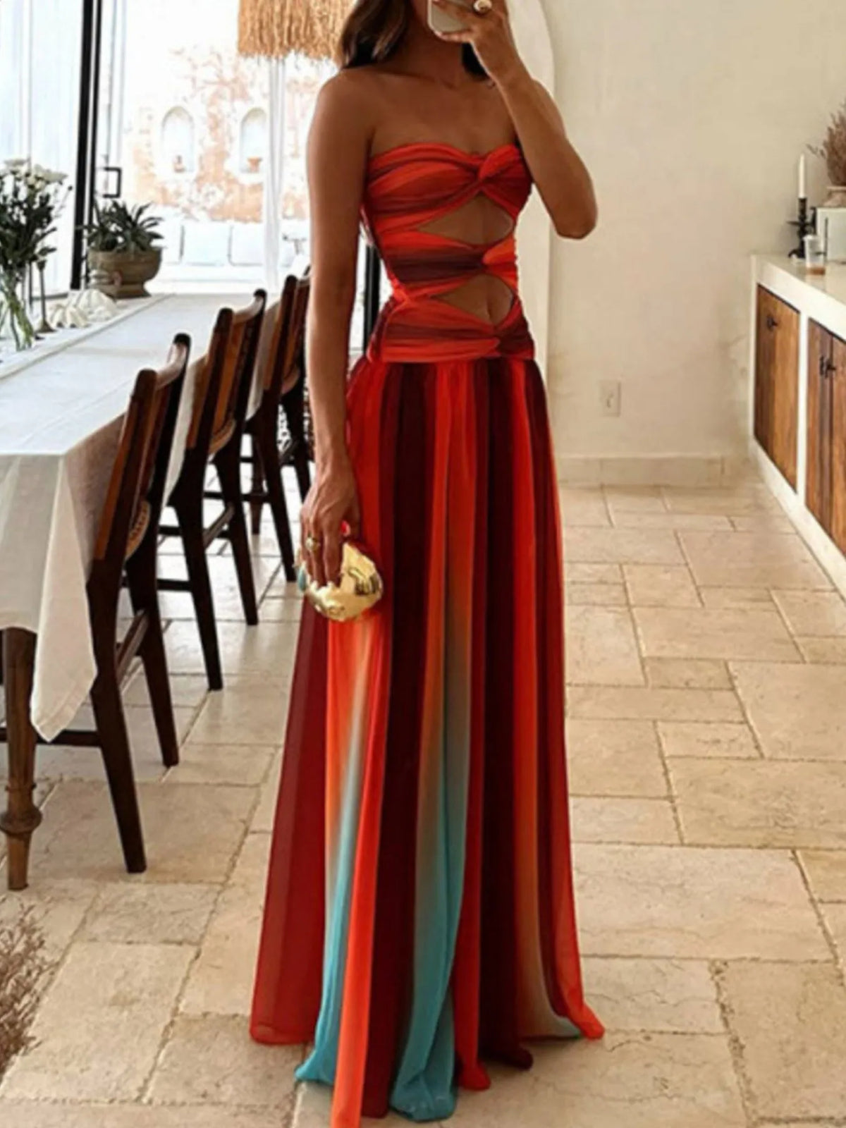 Ombre Strapless Twist Front Cut Out Flowy Maxi Dress 3