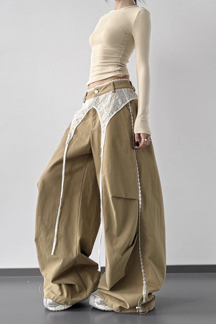 Lace Trim Waist Panel Toggle Hem Baggy Wide Leg Pants