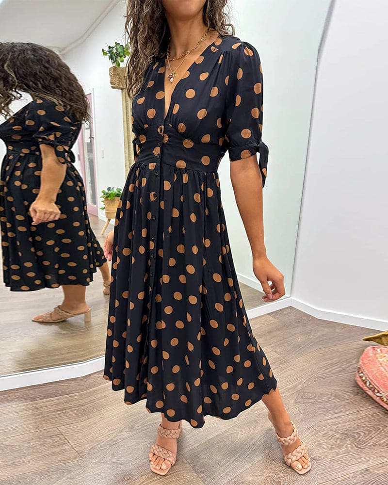 V-Neck Short Sleeve Tie Cuff Button Front Polka Dot Midi Dress