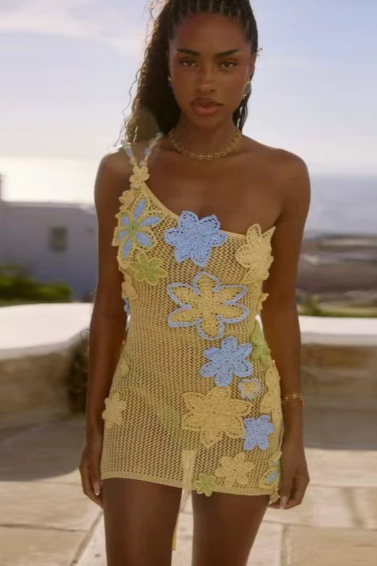 Crochet Mesh One Shoulder 3D Floral Applique Cut Out Mini Dress