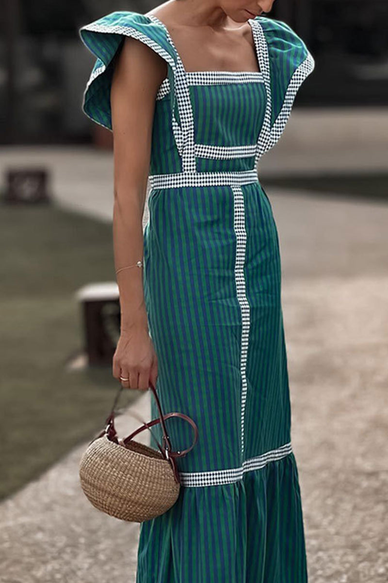 Keira Aesthetic Casual Plaid Patchwork Flounce Square Collar a Line Dresses Boutique Collection