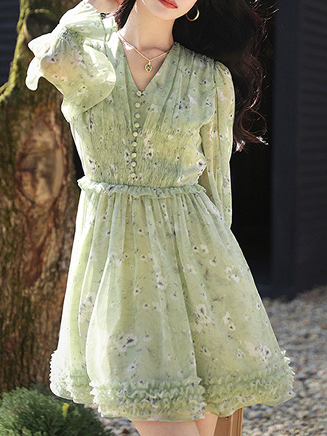 Floral Print V-Neck Button Front Smocked Waist Balloon Sleeve Ruffle Hem Mini Dress