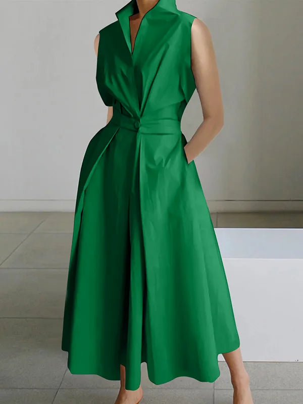 Stand Collar Deep V-Neck Sleeveless Pocket A-Line Midi Dress