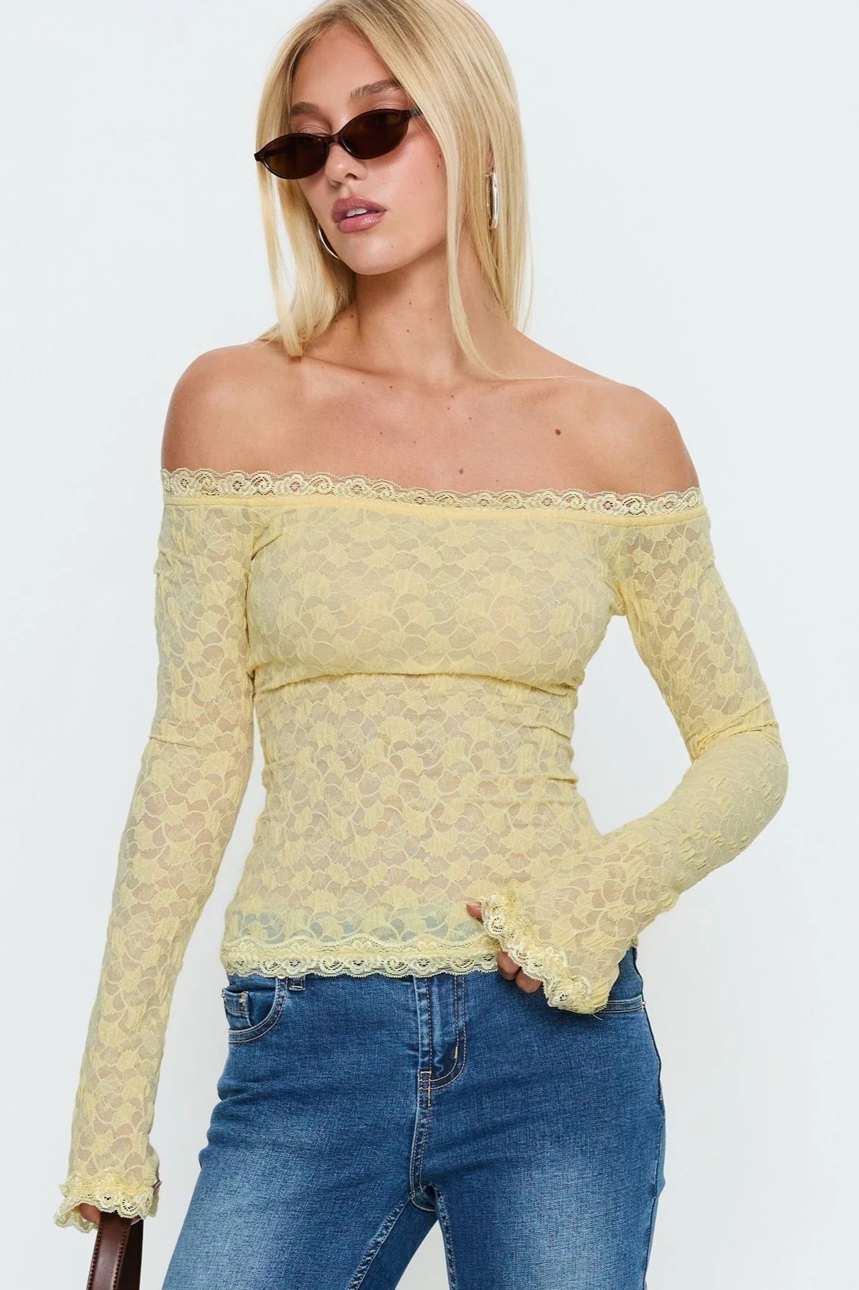 Sheer Lace Off-Shoulder Long Sleeve Crop Top