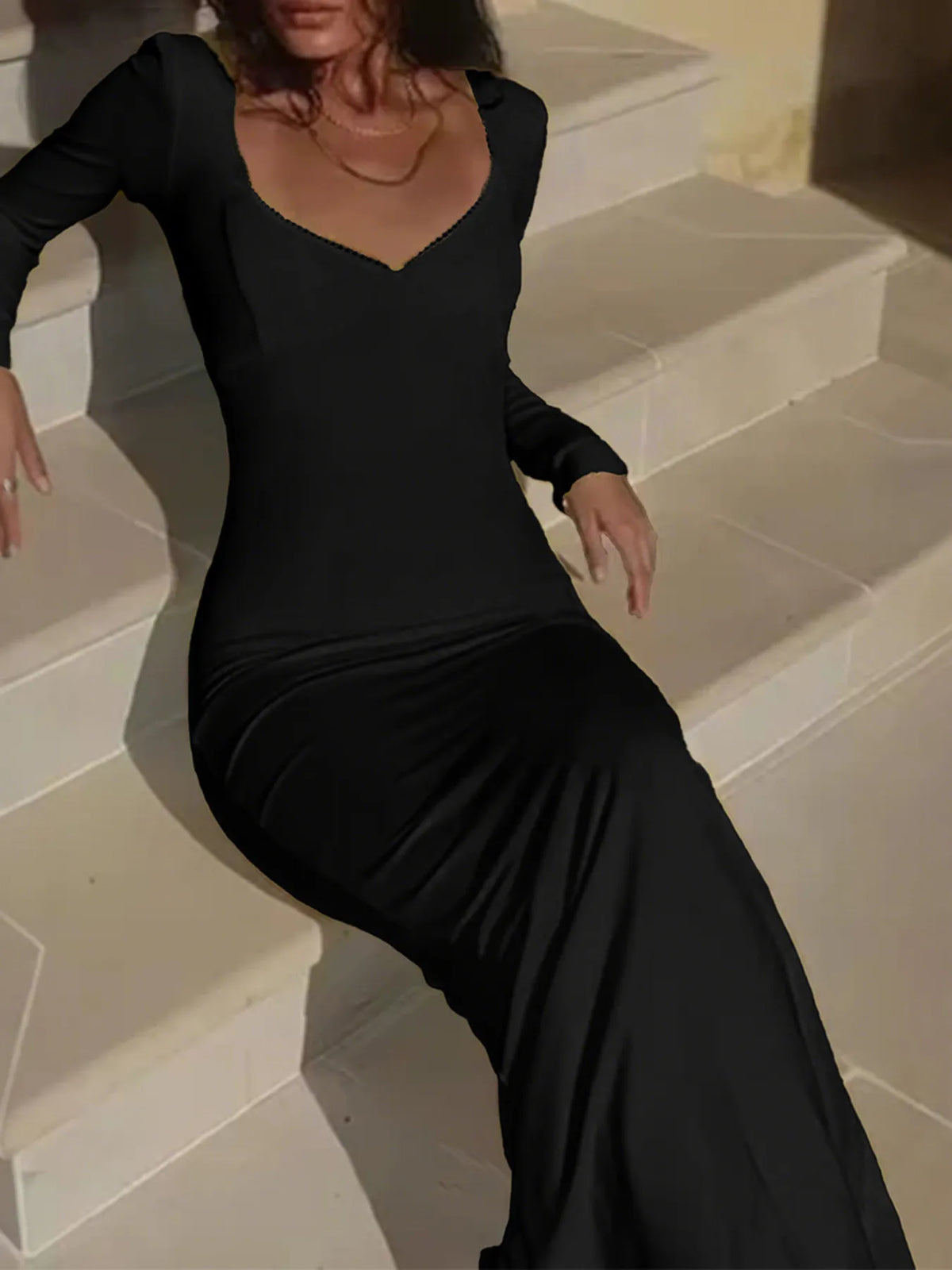 Deep V-Neck Long Sleeve Lettuce Trim Bodycon Maxi Dress 8
