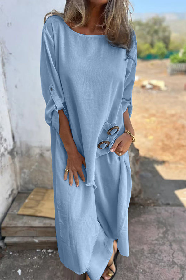 Ring Detail Button Tab Sleeve Asymmetrical Frayed Hem Tunic Wide Leg Two Piece Set